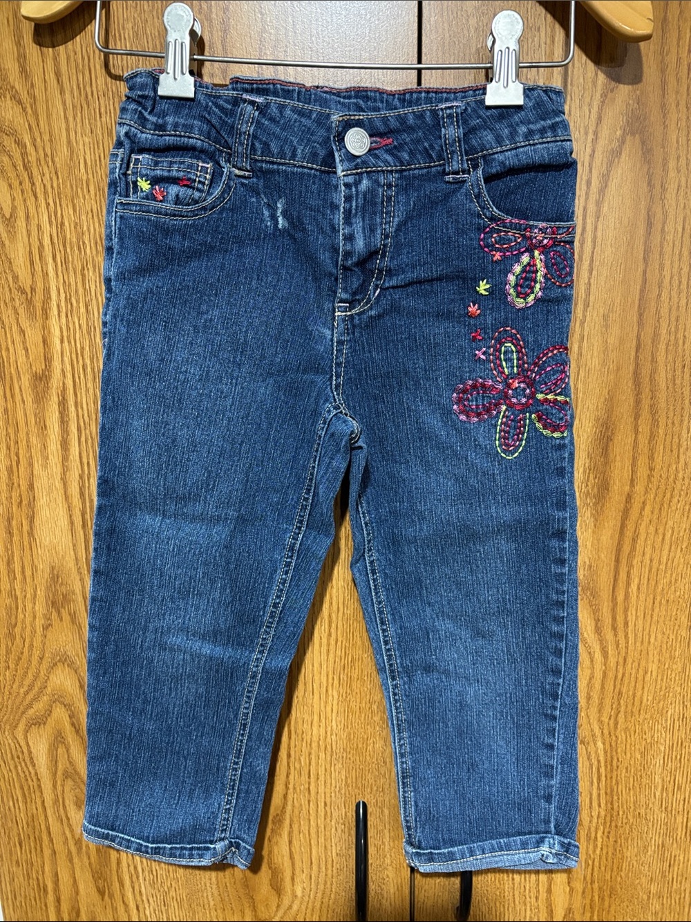 Faded Glory Dark Blue Girls Jeans with Pink & Green Embroidery